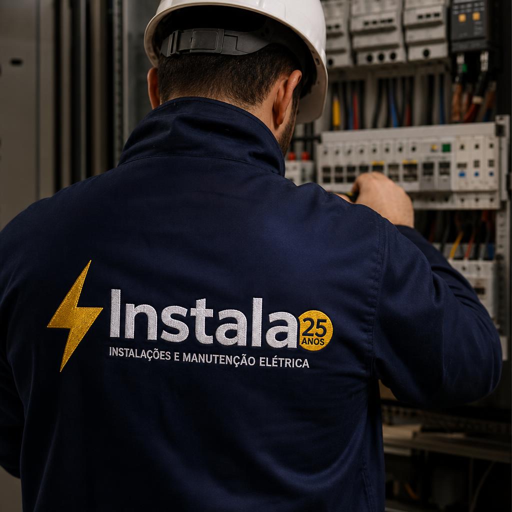 Técnico Instala trabalhando em painel elétrico com símbolo do raio em 3D
